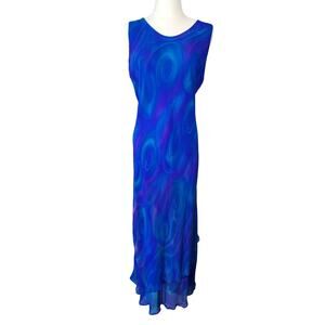 Vintage 90s Simply Silk 100% Silk Watercolor Swirl Blue Purple Teal Maxi Dress